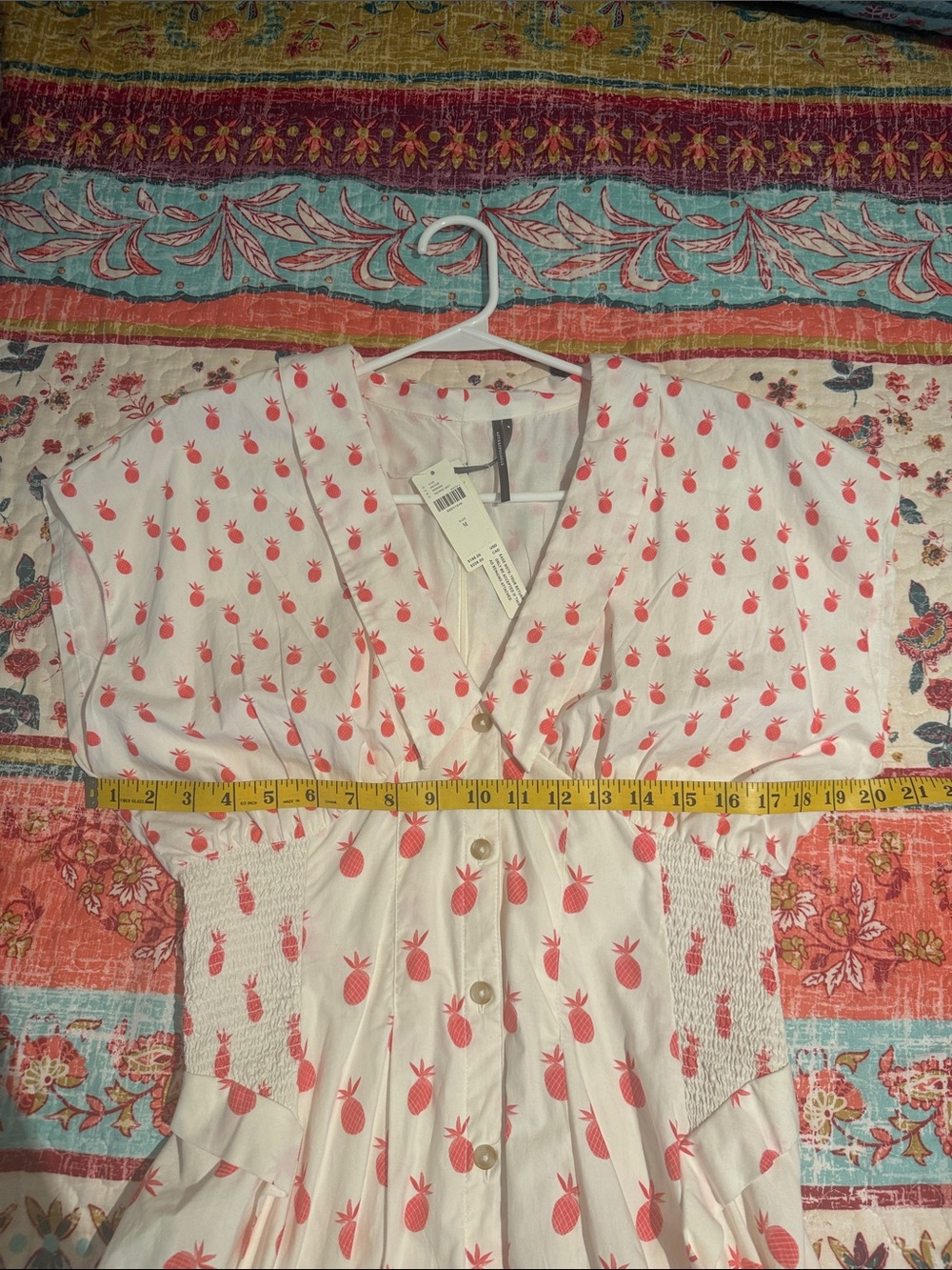 Anthropologie White and Pink Pineapple Printed V-Neck Midi Dress (M) - Picture 10 of 13
